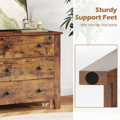 3-Drawer Dresser with Tapered Legs in rustic brown wood with black round knobs on Tampa Home & Garden Store