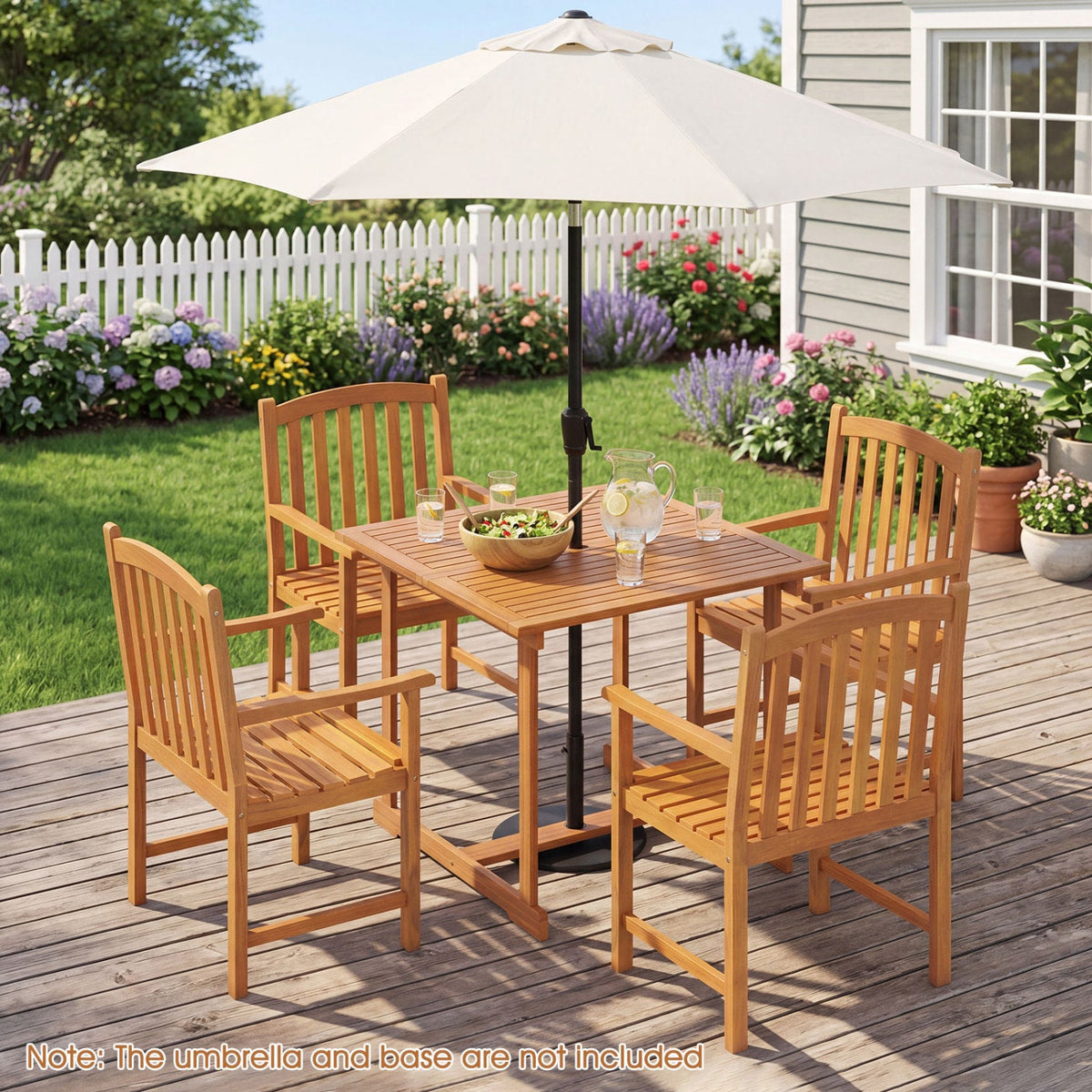 Acacia wood patio dining set for 4 with umbrella hole, includes 4 chairs and table on Tampa Home & Garden Store