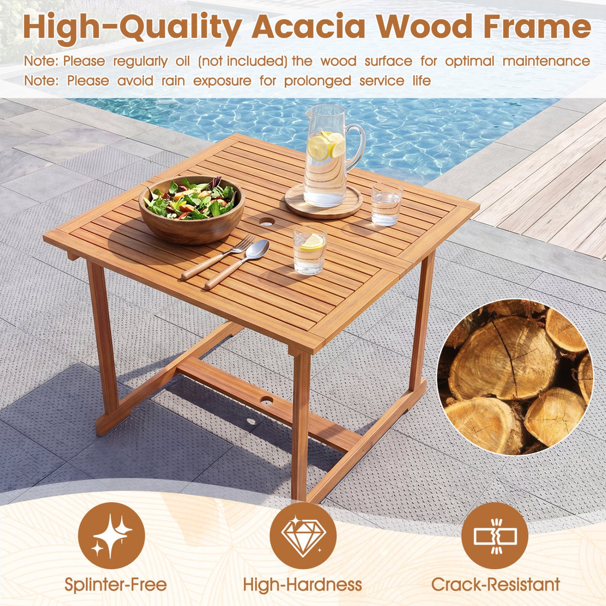 5-Piece Acacia Wood Patio Dining Set for 4 by DirectDeals with umbrella hole on poolside on Tampa Home & Garden Store