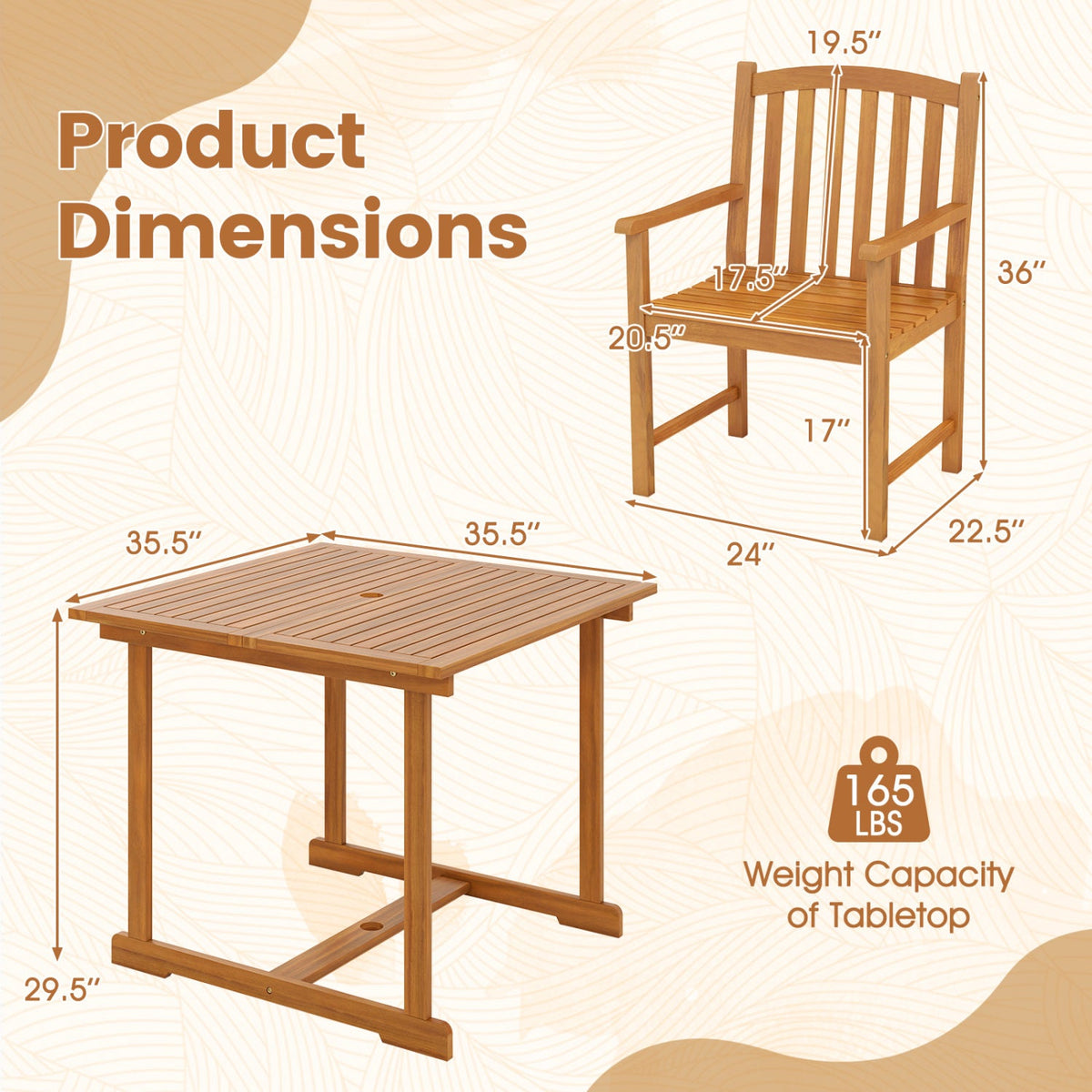 5-Piece Acacia Wood Patio Dining Set for 4 with Umbrella Hole; 4 chairs, table 35.5x35.5 in. on Tampa Home & Garden Store
