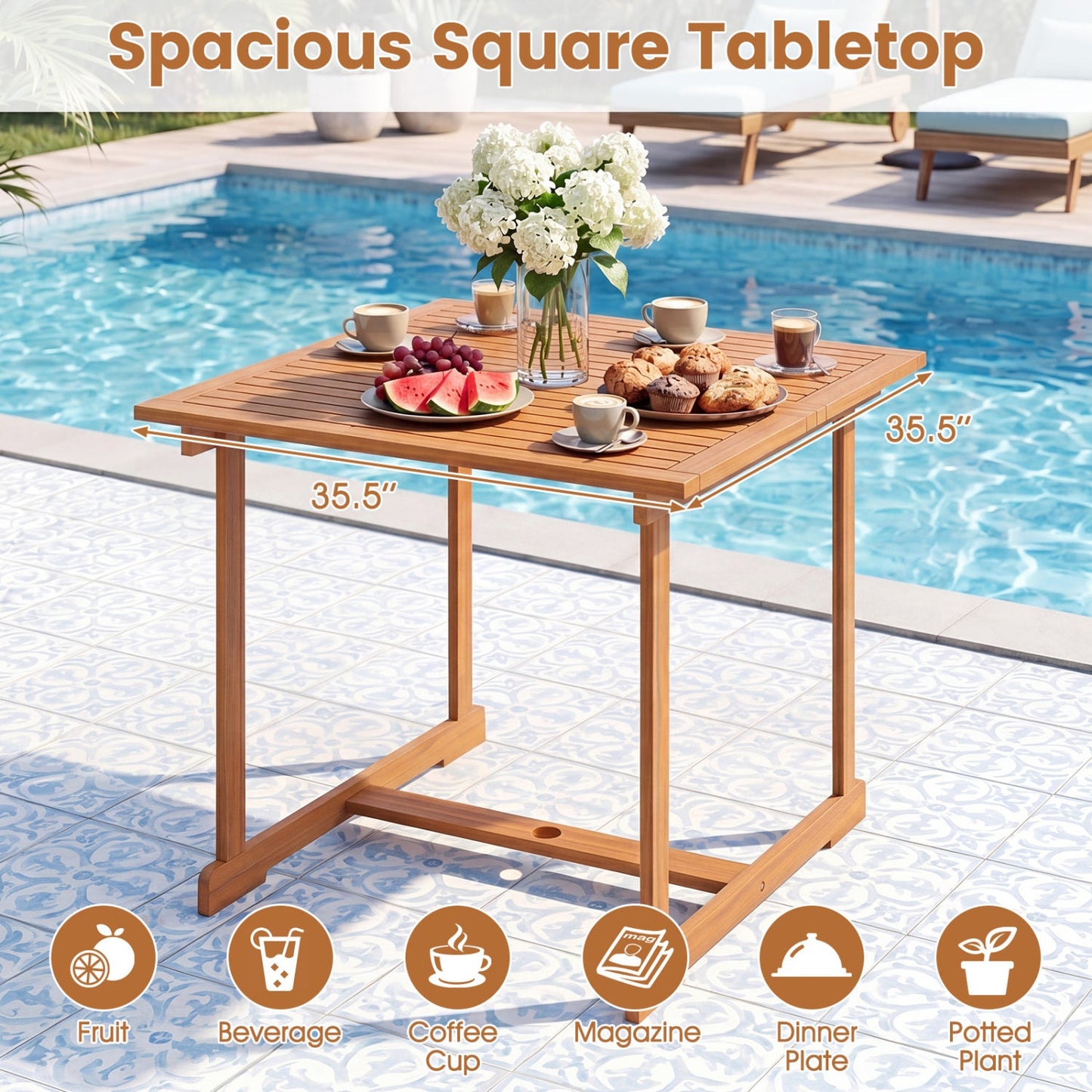 5-Piece Acacia Wood Patio Dining Set for 4 with Armchairs, square poolside table with vase on Tampa Home & Garden Store