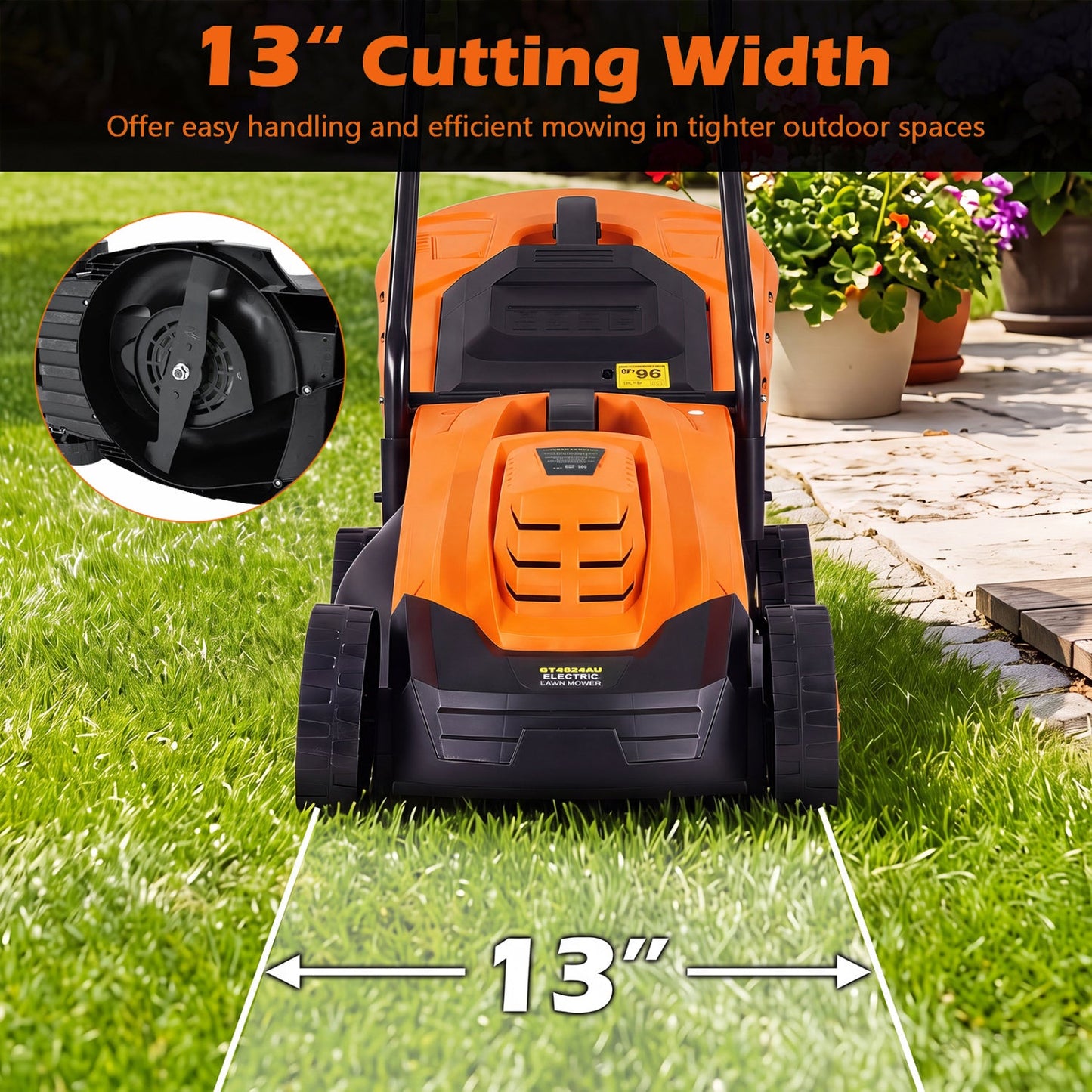 DirectDeals 13-Inch corded electric lawn mower orange with 3-position height adjustment on grass on Tampa Home & Garden Store
