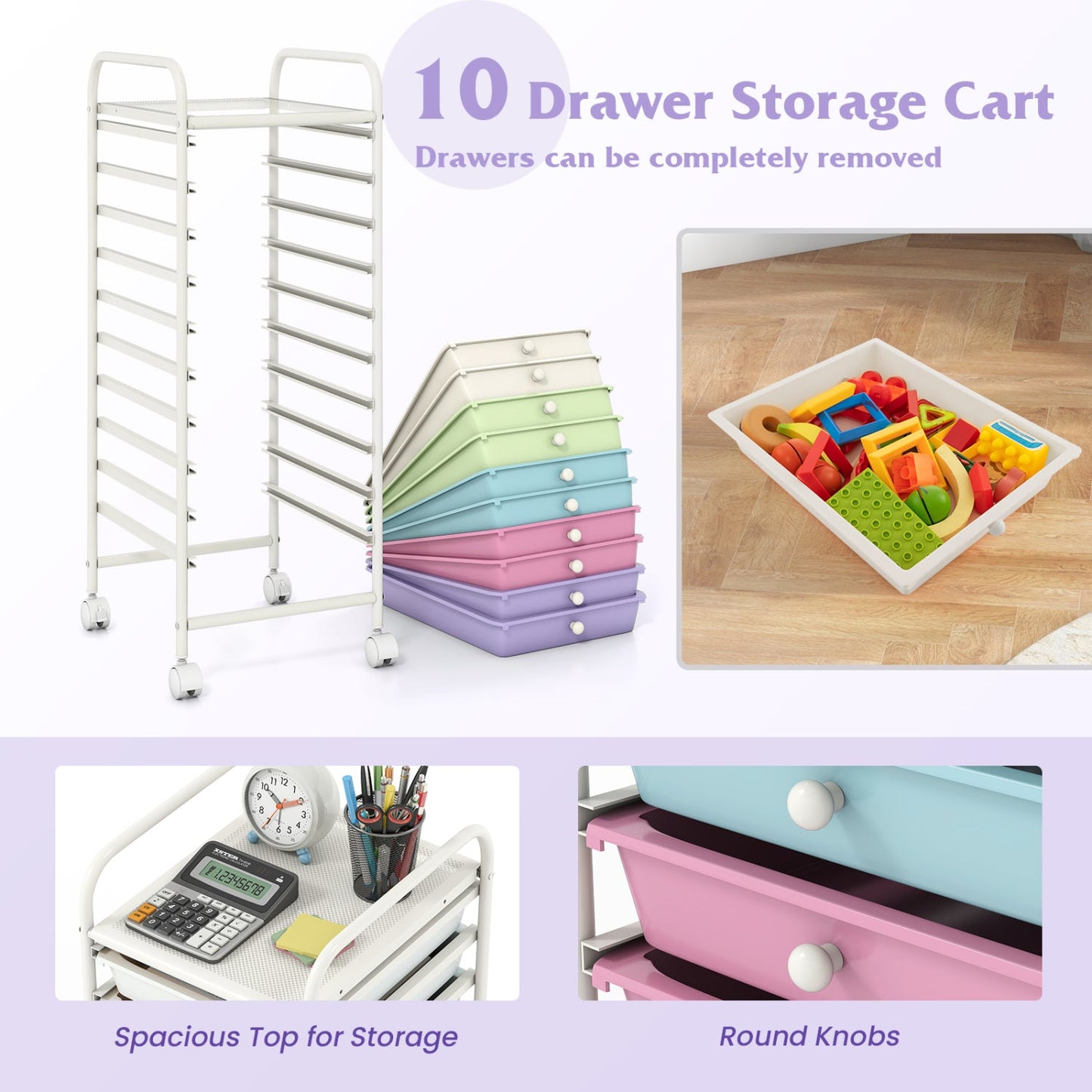 DirectDeals 10-Drawer Rolling Storage Cart with Locking Wheels, white frame and drawers on Tampa Home & Garden Store