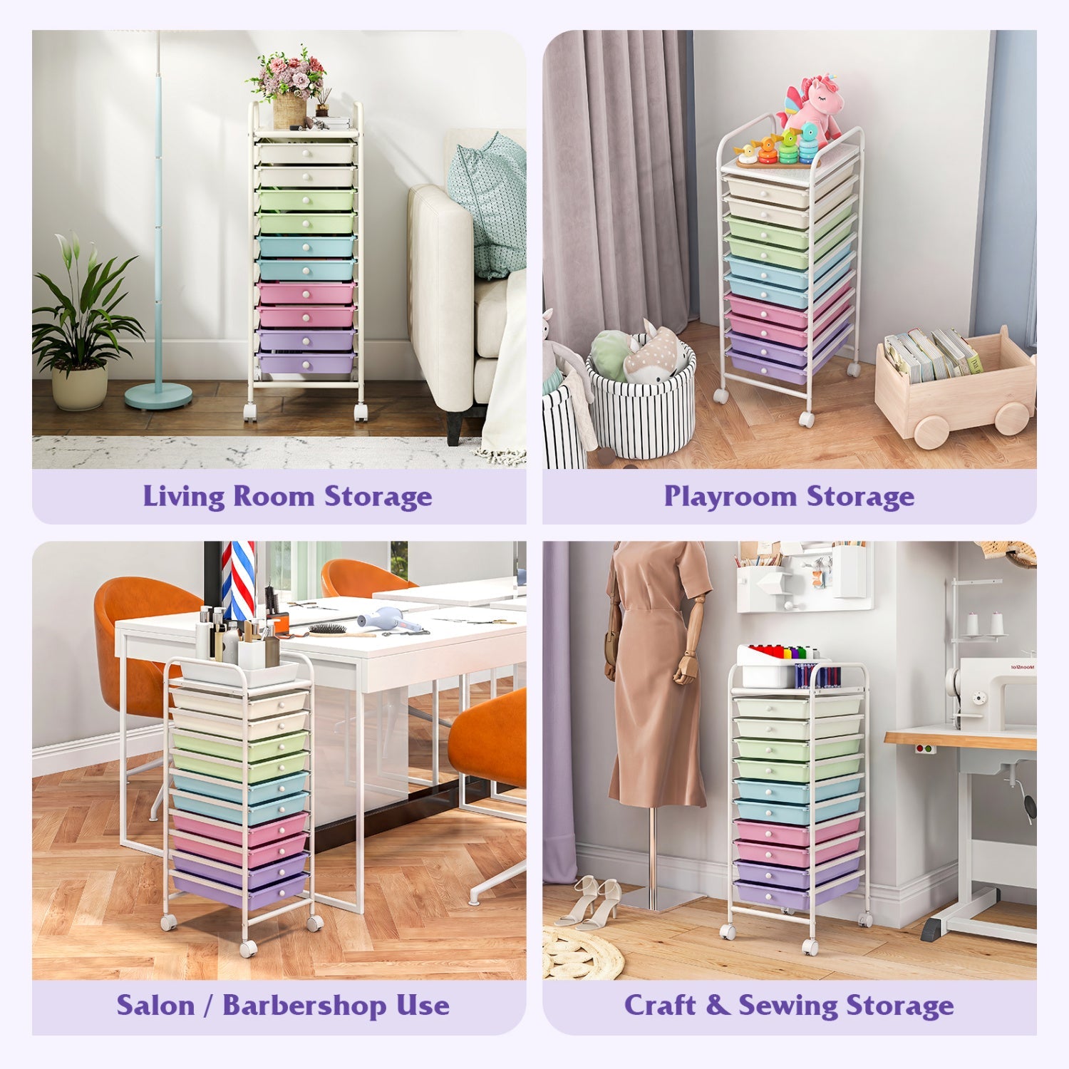 DirectDeals 10-drawer rolling storage cart with locking wheels; white frame and pastel drawers on Tampa Home & Garden Store