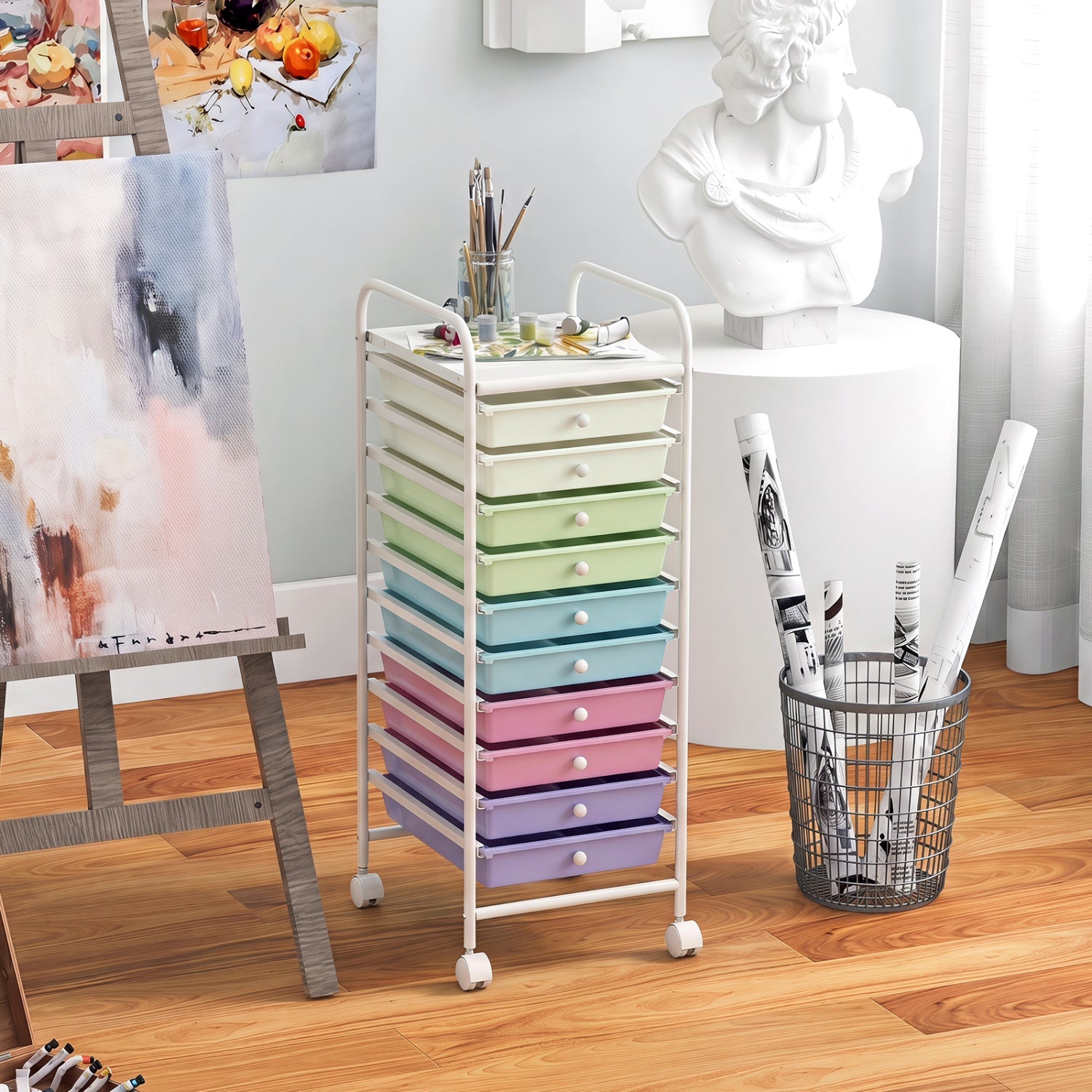Storage Cart DirectDeals, 10-drawer cart with locking wheels, pastel drawers on Tampa Home & Garden Store