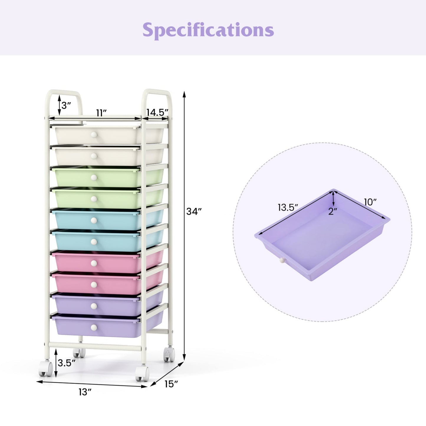10-drawer rolling cart with locking wheels by DirectDeals, white frame and pastel drawers on Tampa Home & Garden Store