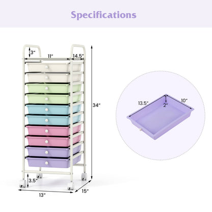 10-drawer rolling cart with locking wheels by DirectDeals, white frame and pastel drawers on Tampa Home & Garden Store