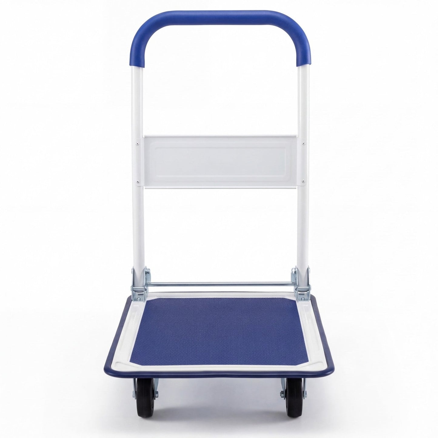 Folding platform hand truck with four wheels, blue deck and white frame, 330 lb capacity on Tampa Home & Garden Store