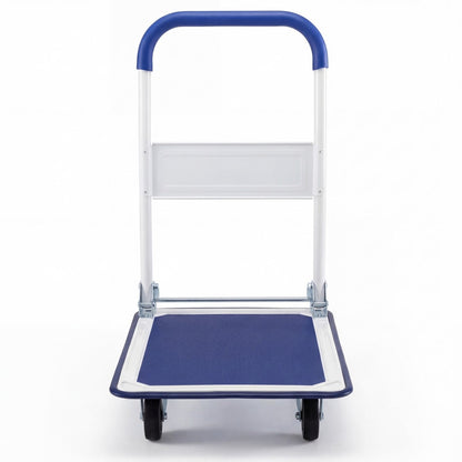 Folding platform hand truck with four wheels, blue deck and white frame, 330 lb capacity on Tampa Home & Garden Store