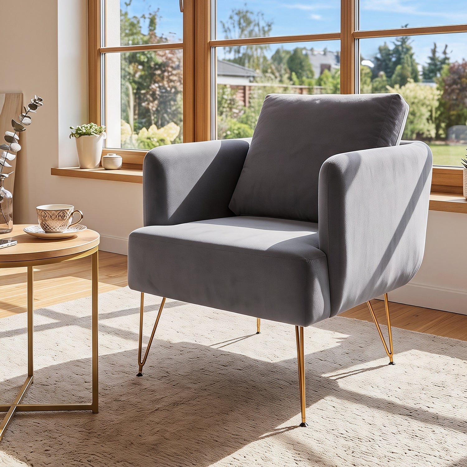 Gray velvet accent chair with back cushion and gold metal legs on Tampa Home & Garden Store