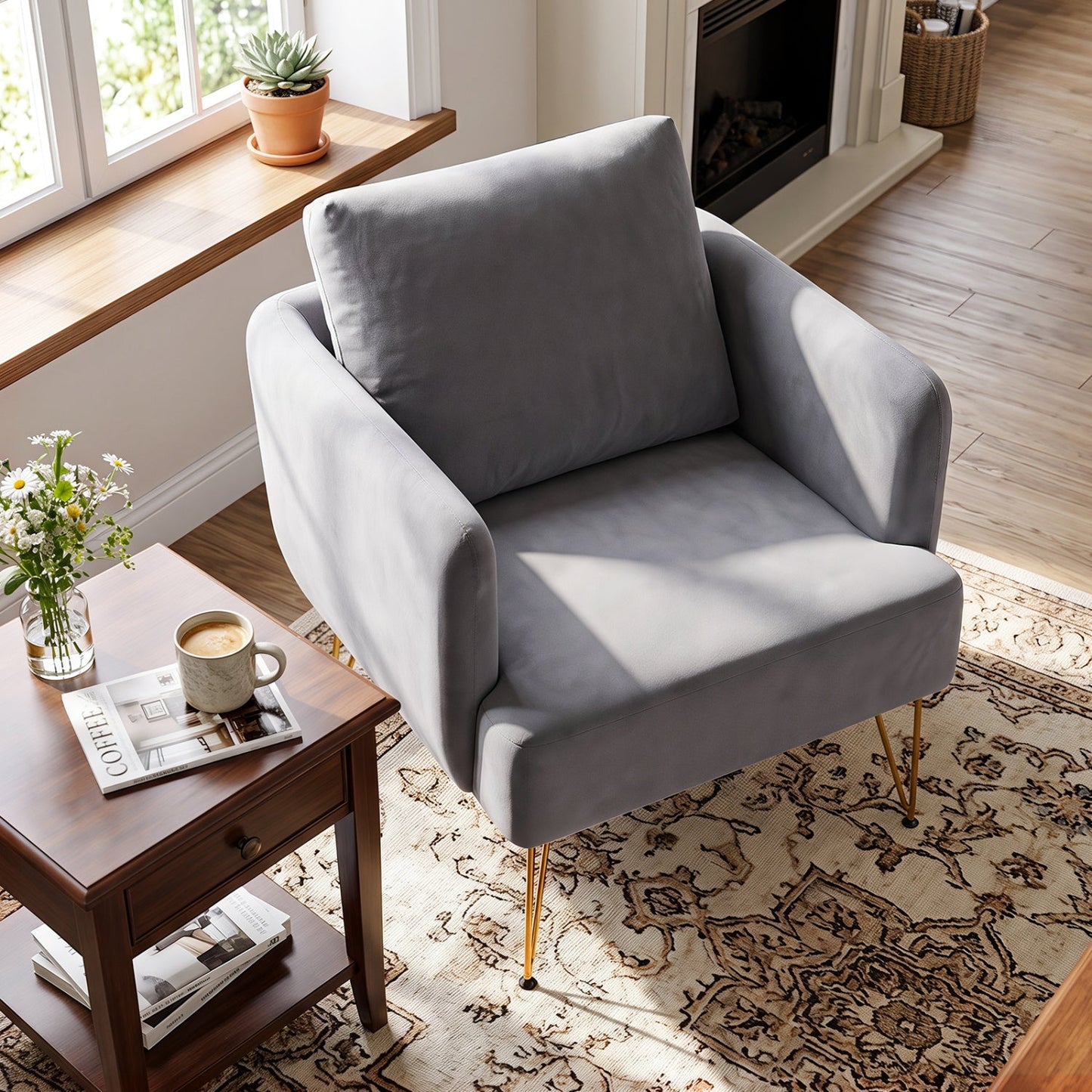Velvet accent chair with back cushion in gray fabric and golden metal legs DirectDeals on Tampa Home & Garden Store