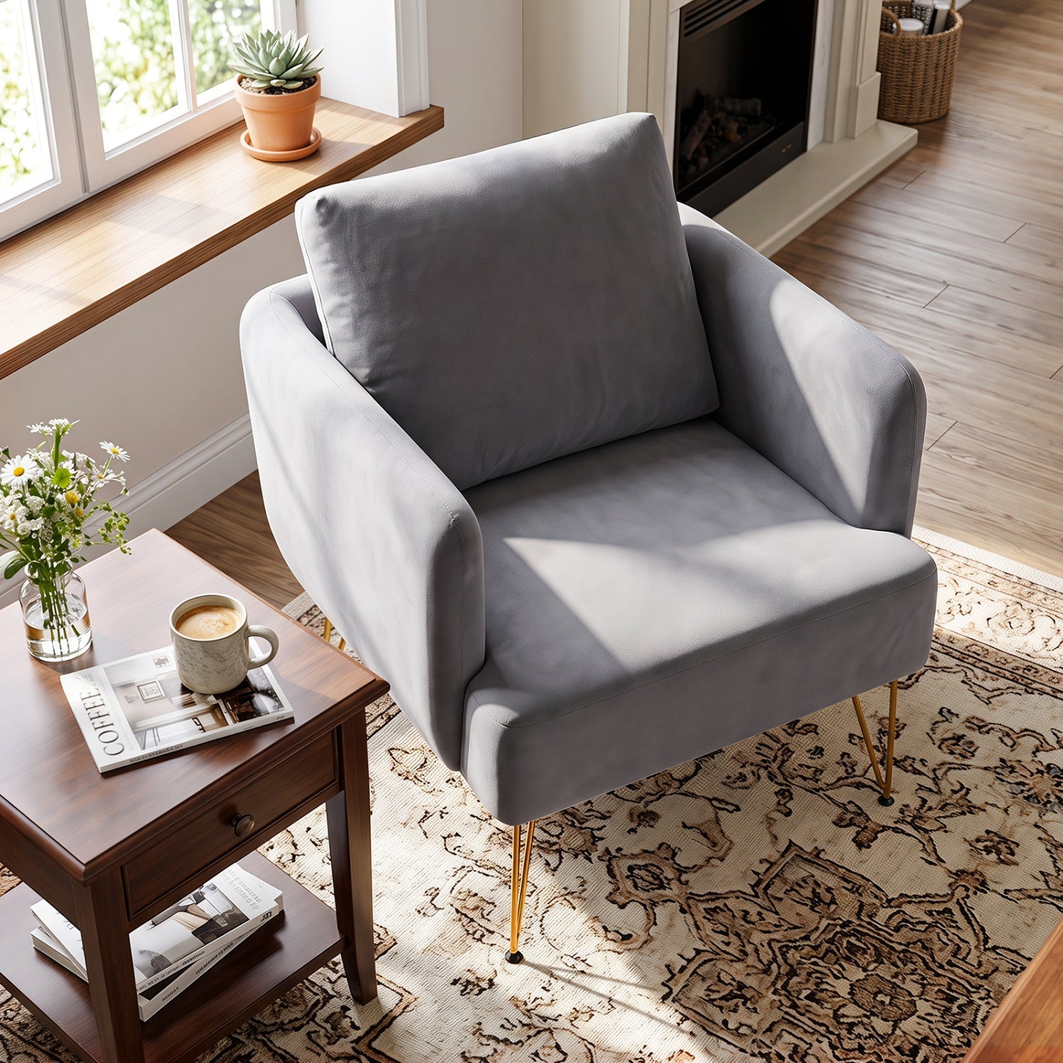 Velvet accent chair with back cushion in gray fabric and golden metal legs DirectDeals on Tampa Home & Garden Store