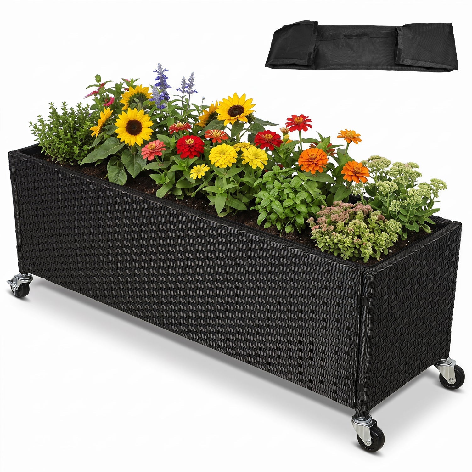 Raised garden bed on caster wheels, black PE rattan planter box filled with flowers on Tampa Home & Garden Store