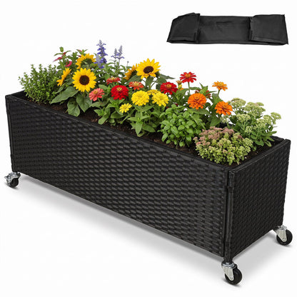 Raised garden bed on caster wheels, black PE rattan planter box filled with flowers on Tampa Home & Garden Store