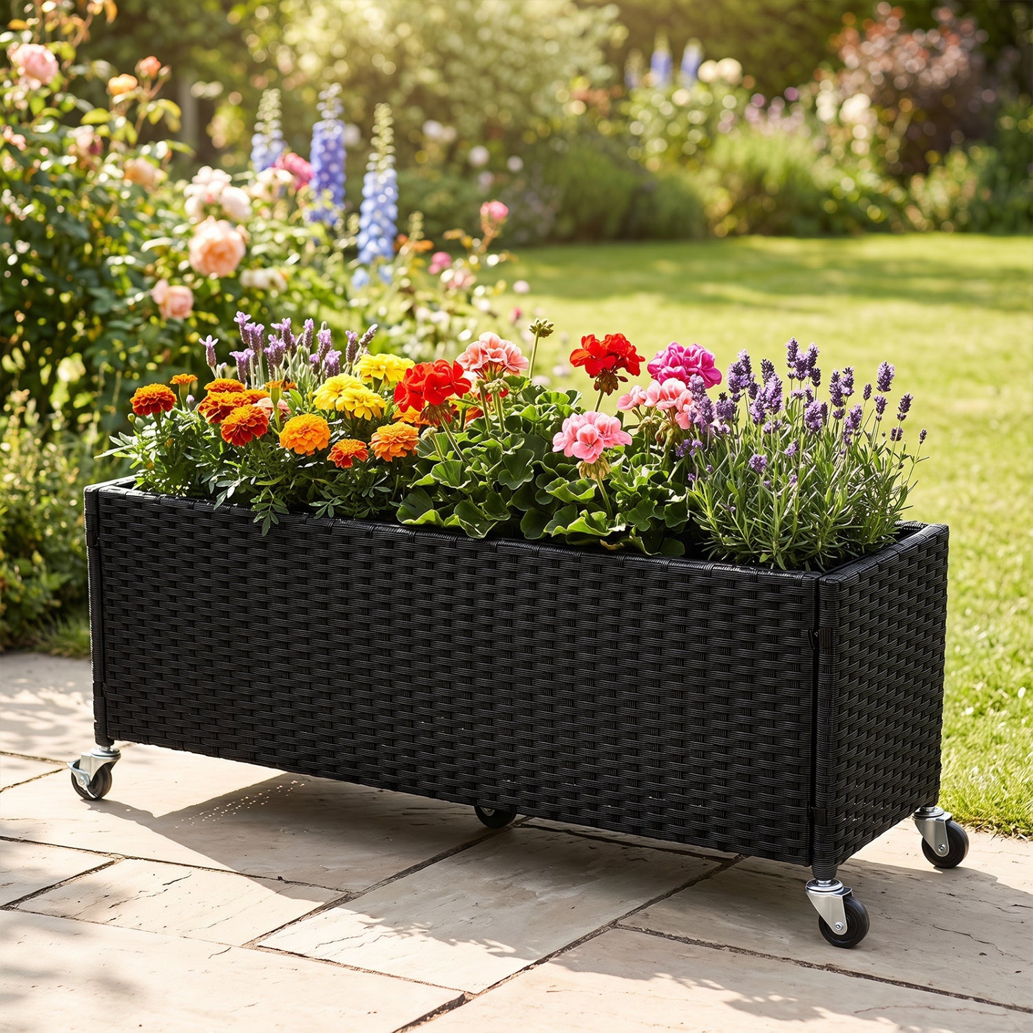 Raised Garden Bed with Wheels PE rattan planter box, colorful blooms on Tampa Home & Garden Store
