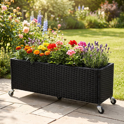 Raised Garden Bed with Wheels PE rattan planter box, colorful blooms on Tampa Home & Garden Store