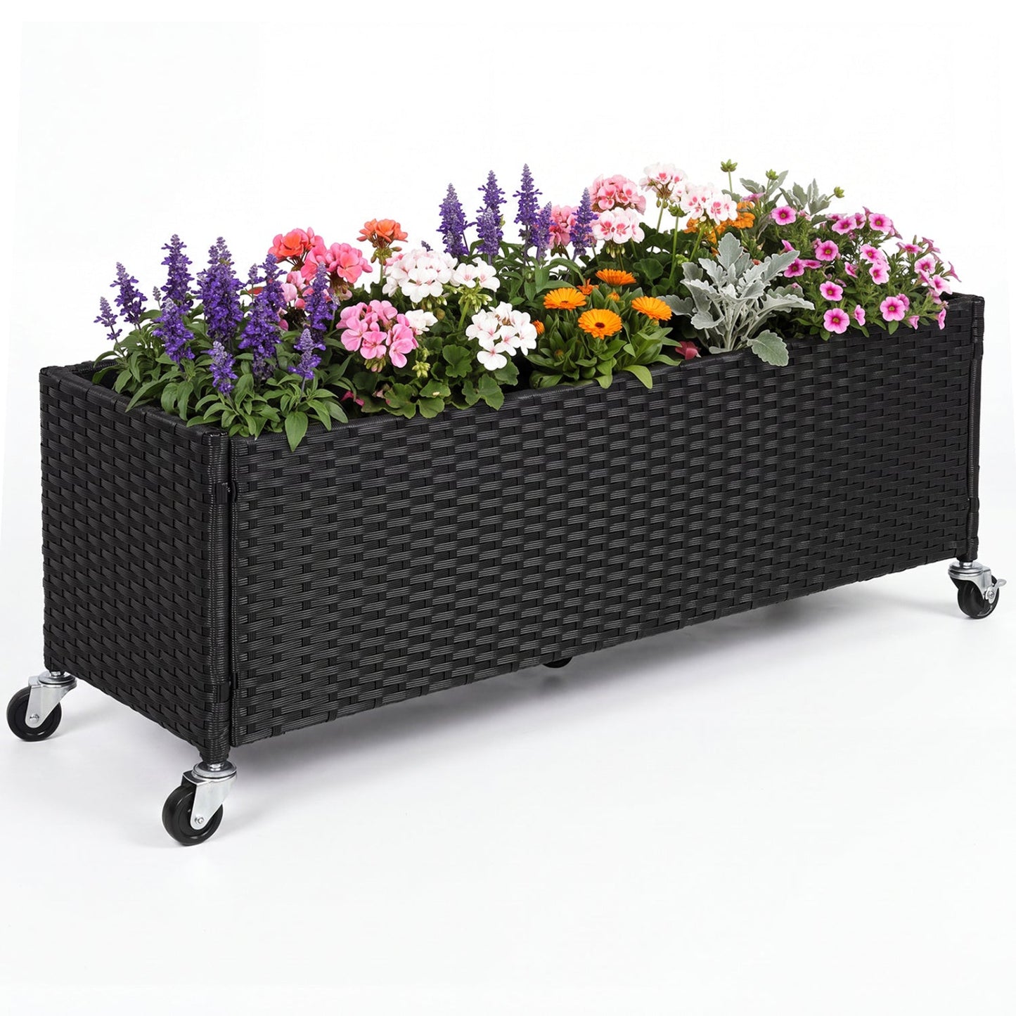 Raised Garden Bed with Wheels PE rattan planter box black DirectDeals, filled with flowers on Tampa Home & Garden Store