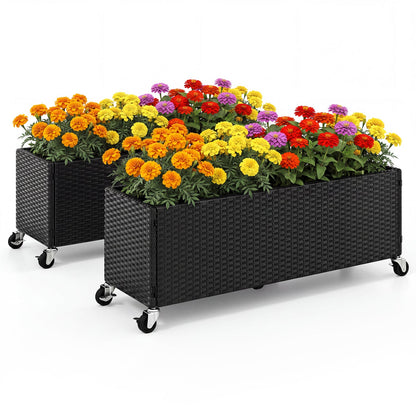 Raised Garden Bed set of 2 with wheels, black PE rattan wicker, filled with multicolored marigolds on Tampa Home & Garden Store