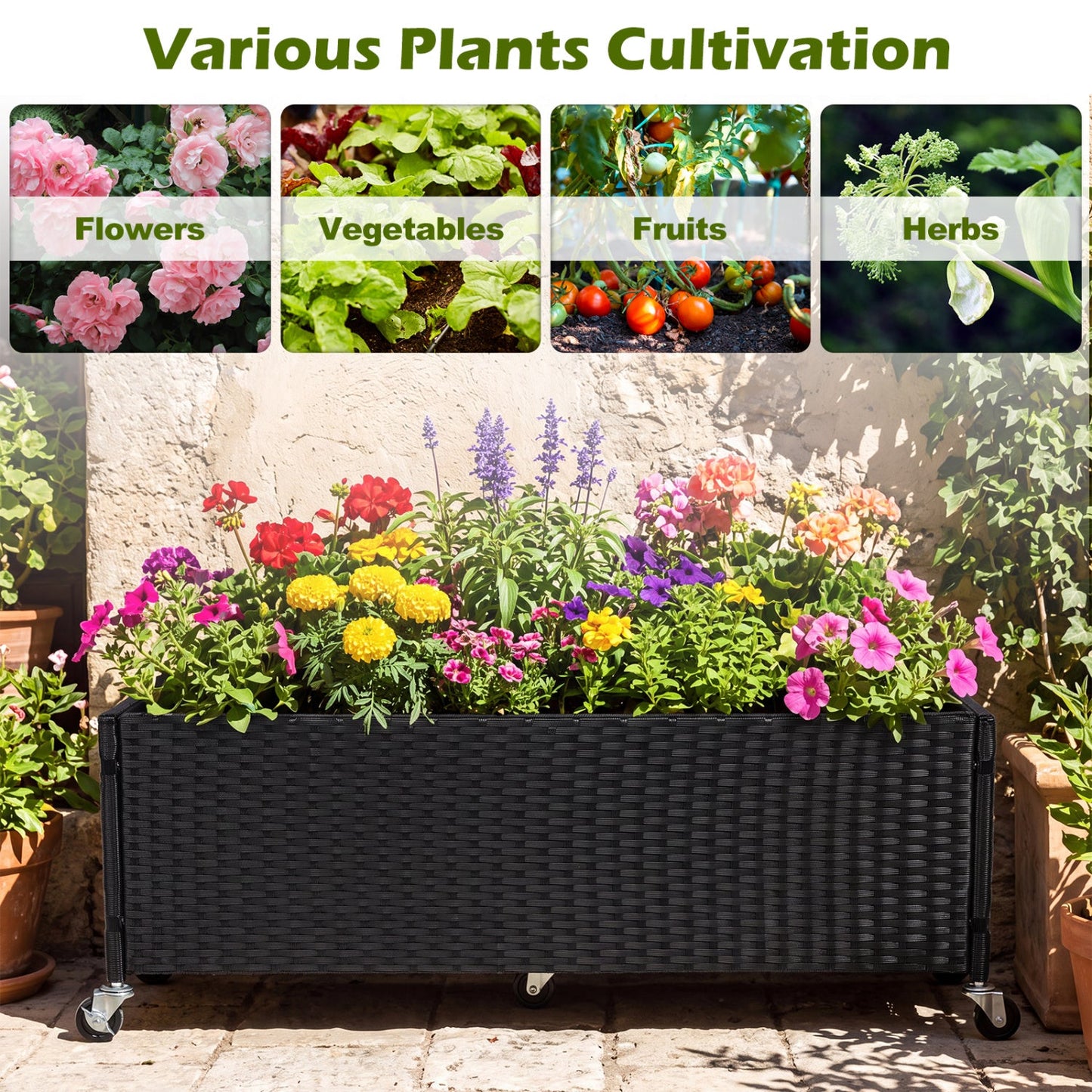Raised Garden Bed set of 2 with wheels, PE rattan, black wicker planters filled with flowers on Tampa Home & Garden Store