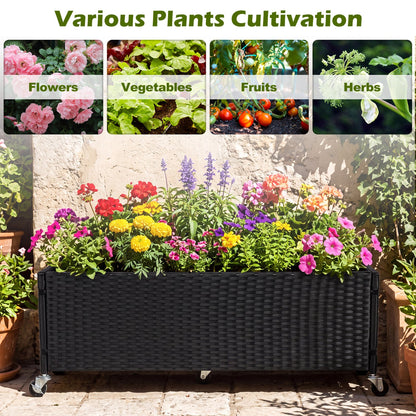 Raised Garden Bed set of 2 with wheels, PE rattan, black wicker planters filled with flowers on Tampa Home & Garden Store