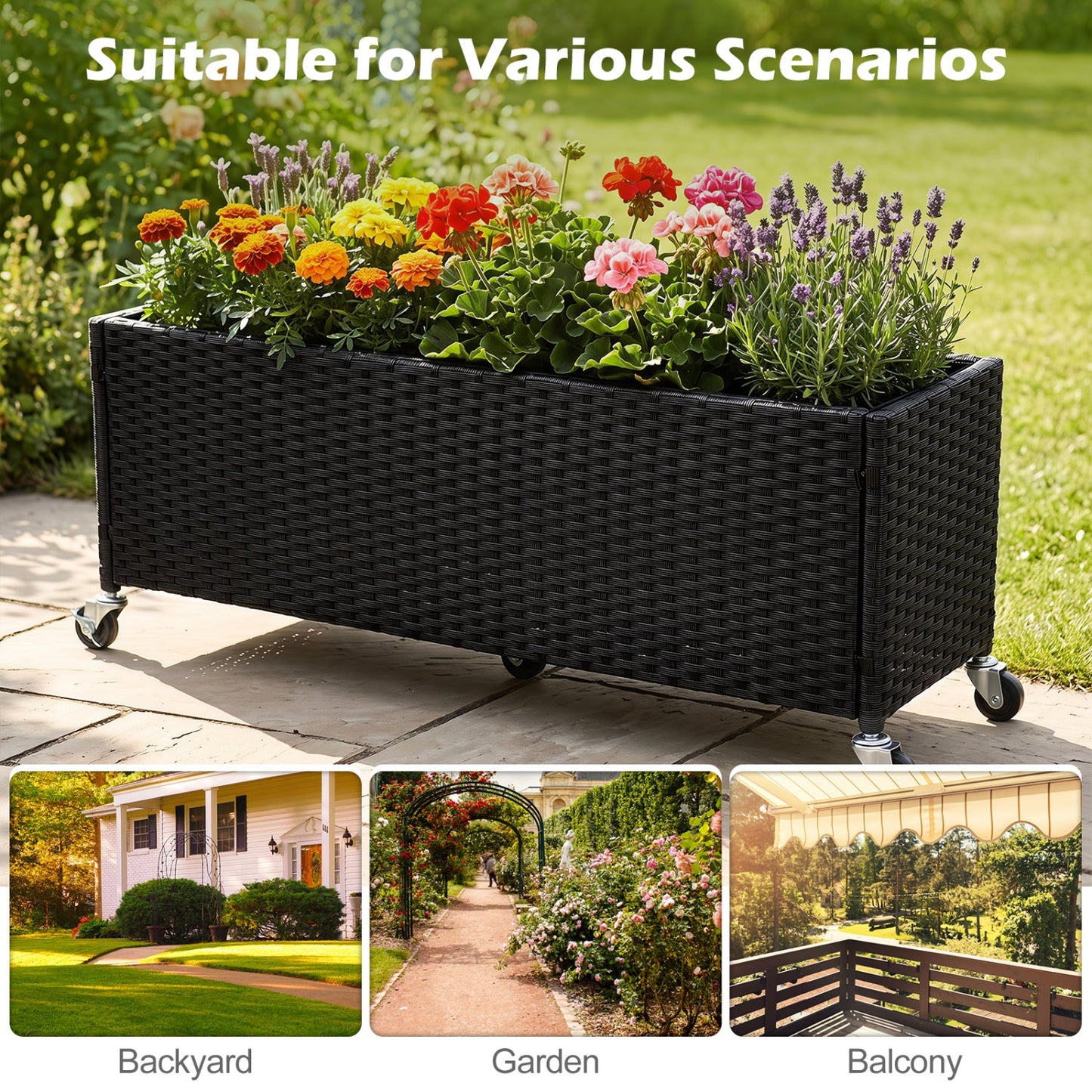Raised Garden Bed DirectDeals set of 2 with wheels, black PE rattan planter on casters on Tampa Home & Garden Store