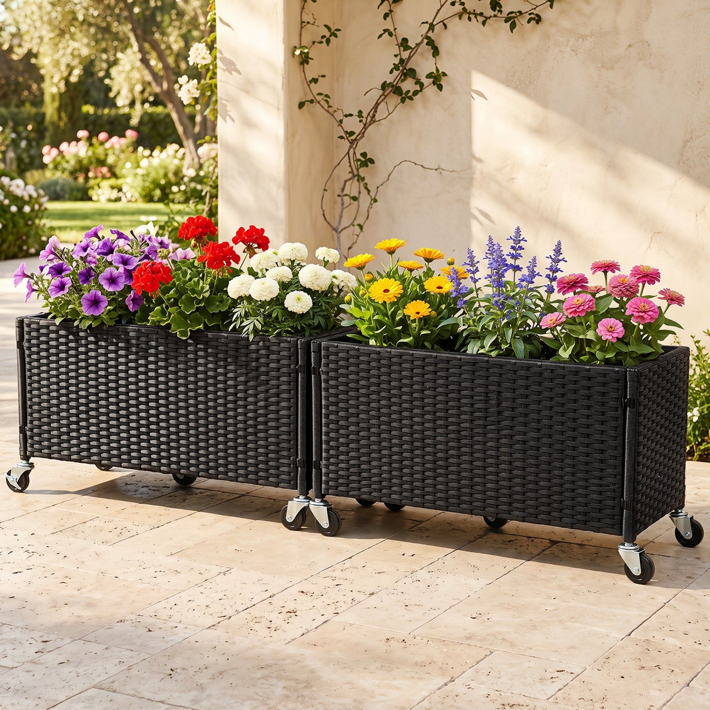 Raised Garden Bed Set of 2 with wheels in black PE rattan by DirectDeals on Tampa Home & Garden Store