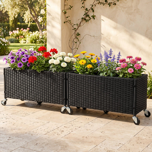 Raised Garden Bed Set of 2 with wheels in black PE rattan by DirectDeals on Tampa Home & Garden Store