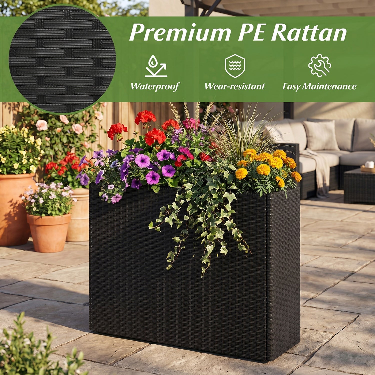 Raised garden bed DirectDeals PE rattan with liner, 32-inch wide, filled with color blooms on Tampa Home & Garden Store