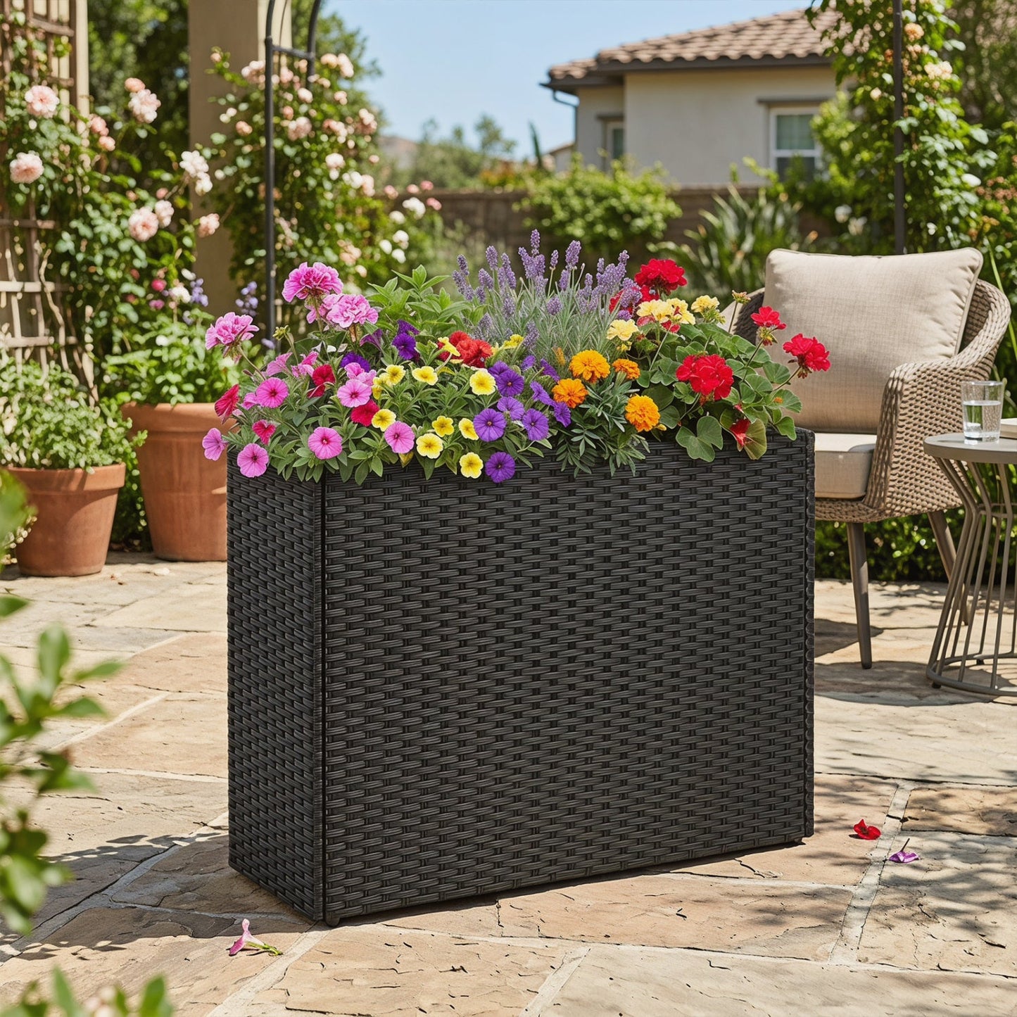 Raised Garden Bed DirectDeals PE rattan wicker planter 32 in dark weave with colorful blooms on Tampa Home & Garden Store