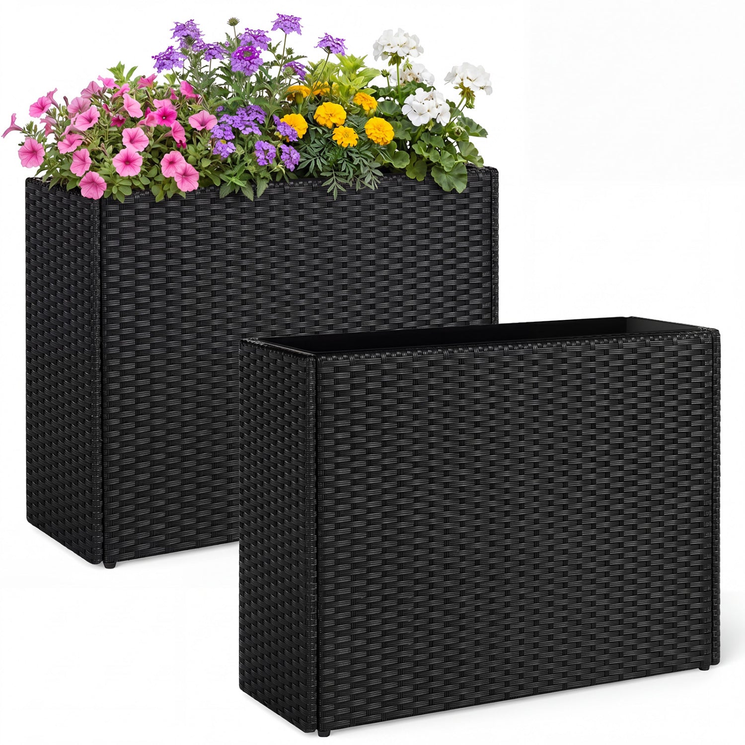 Raised garden bed set of 2 in black PE rattan wicker with liner filled with colorful flowers on Tampa Home & Garden Store