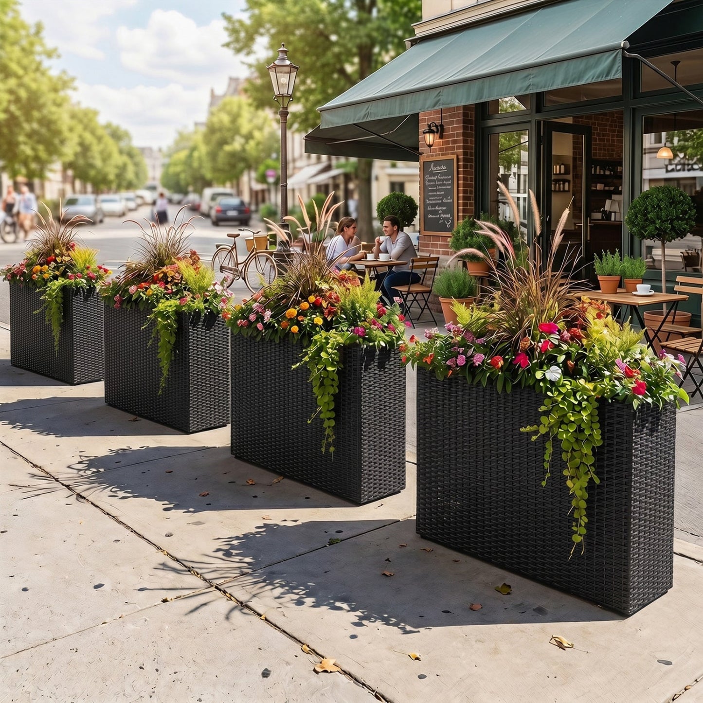Raised garden bed set of 2 in black PE rattan wicker with liner, filled with colorful flowers on Tampa Home & Garden Store