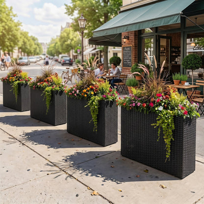 Raised garden bed set of 2 in black PE rattan wicker with liner, filled with colorful flowers on Tampa Home & Garden Store