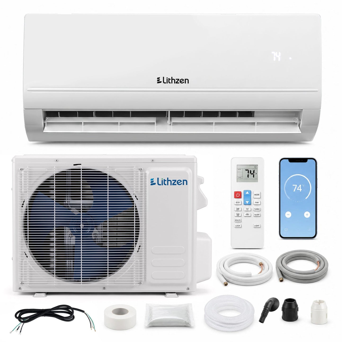 18000 BTU mini split A/C with WiFi, white indoor/outdoor kit, Lithzen logo on Tampa Home & Garden Store