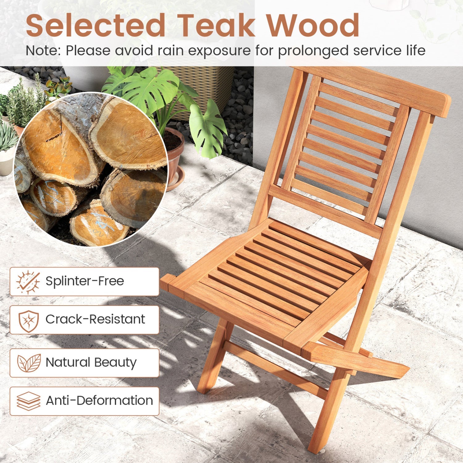 Teak Wood Folding Patio Dining Chairs set of 2 by DirectDeals, natural finish on Tampa Home & Garden Store