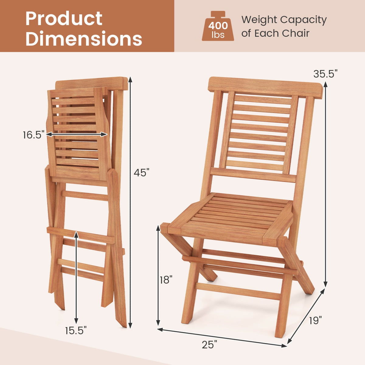Teak Wood Folding Patio Dining Chairs set of 2, natural finish, DirectDeals on Tampa Home & Garden Store