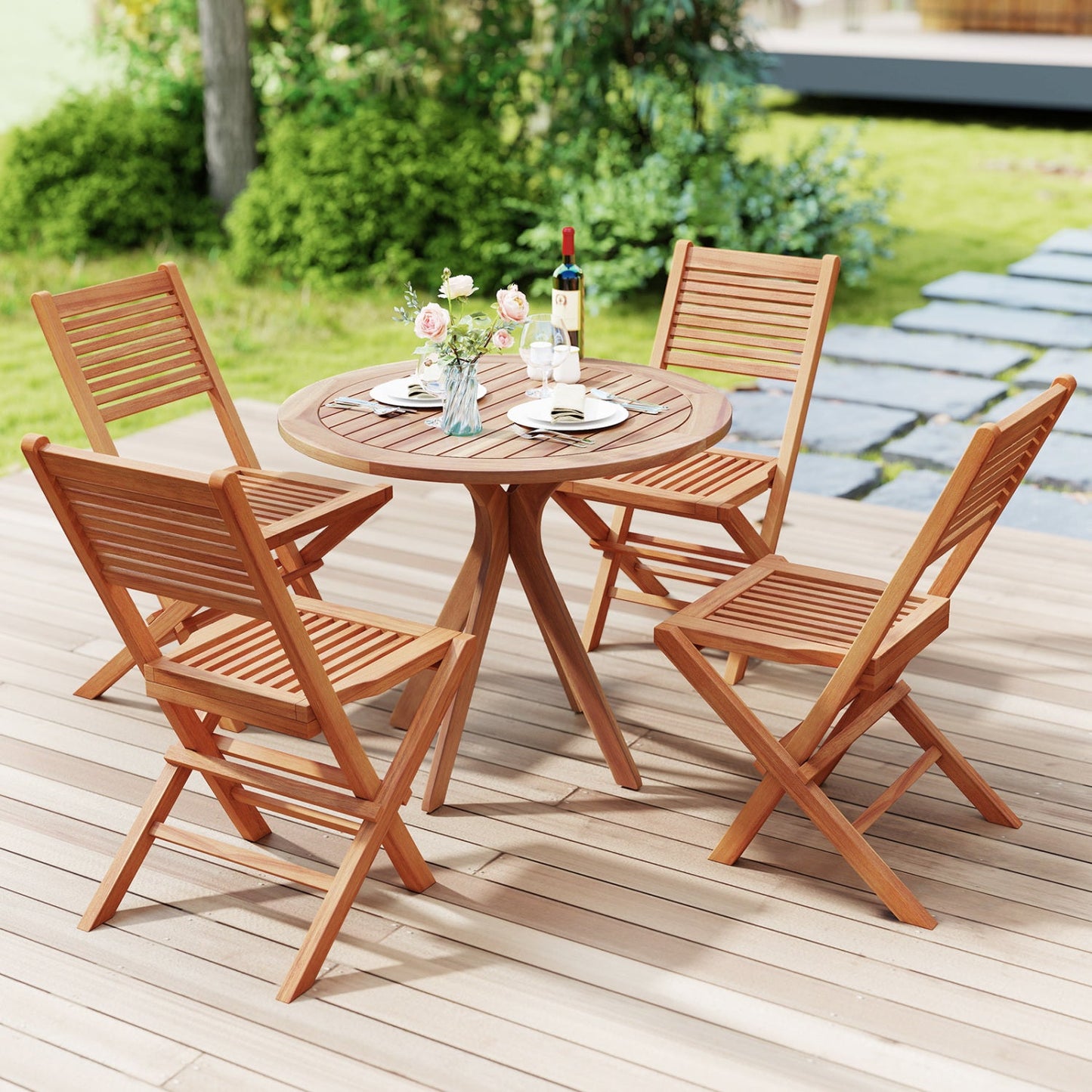 Teak wood folding patio dining chairs set of 2 in natural finish, slatted back and seat on Tampa Home & Garden Store