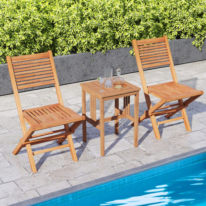 Teak wood folding patio dining chairs set of 2 with slatted backs and compact side table on Tampa Home & Garden Store