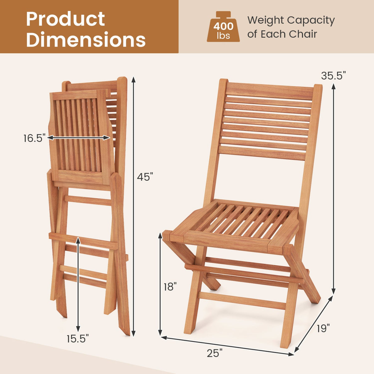 Teak Wood Folding Patio Dining Chairs set of 2 by DirectDeals, natural finish, lightweight outdoor seating on Tampa Home & Garden Store