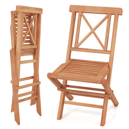 Teak wood folding patio dining chairs set of 2, natural finish, one folded and one open on Tampa Home & Garden Store