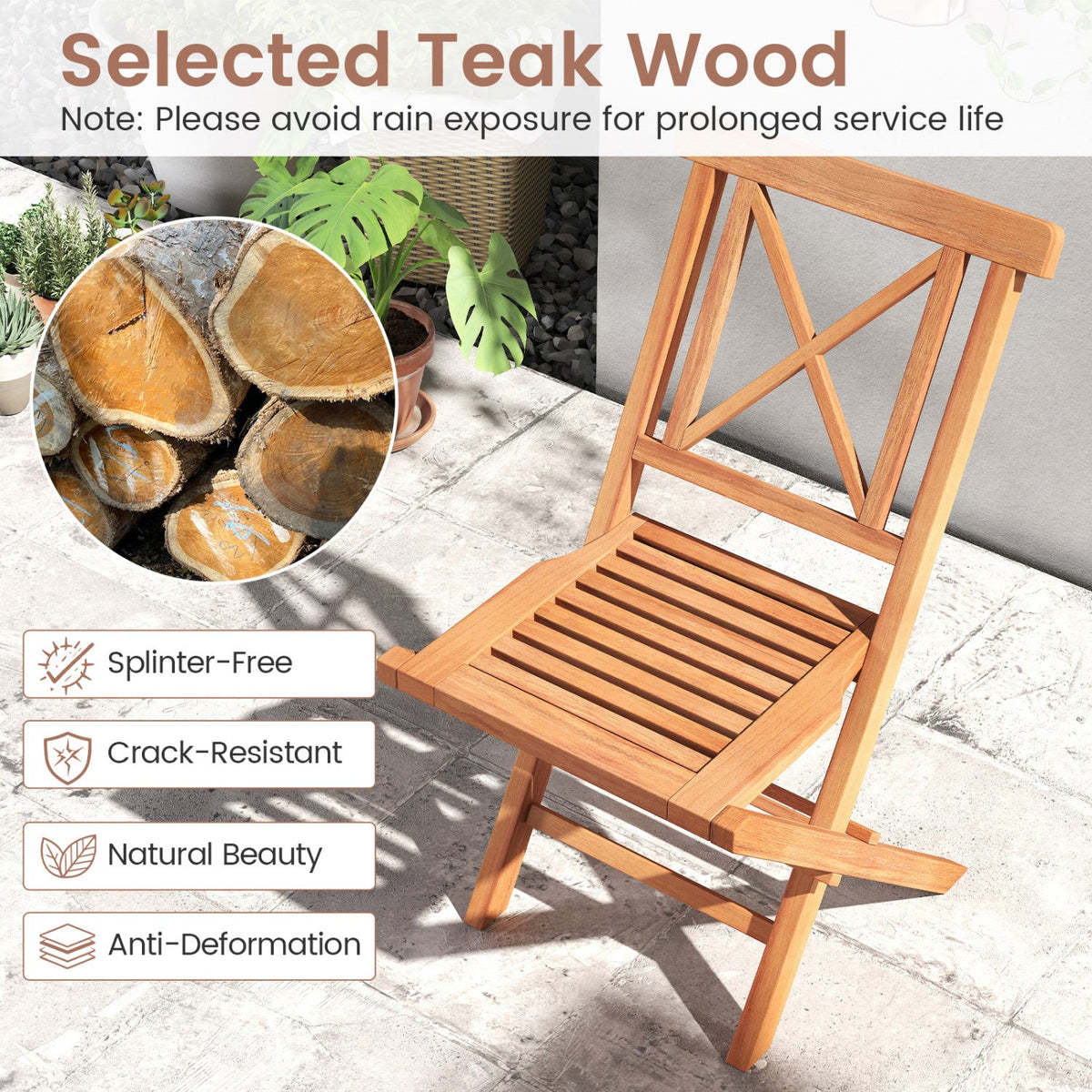 Teak Wood Folding Patio Dining Chairs set of 2 by DirectDeals, natural wood finish on Tampa Home & Garden Store
