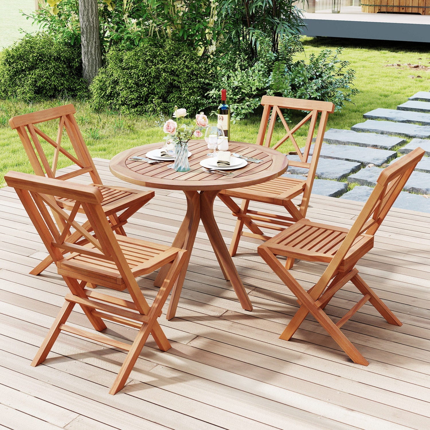 DirectDeals Teak wood folding patio dining chairs set of 2 around round table on deck on Tampa Home & Garden Store