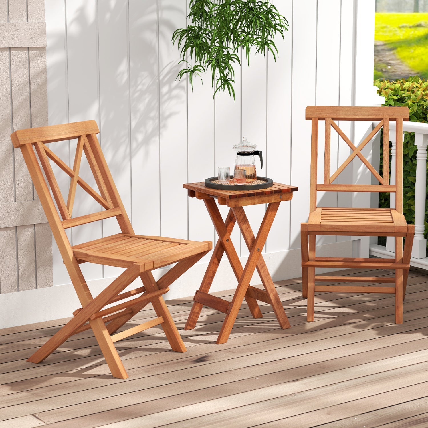 Teak Wood Folding Patio Dining Chairs set of 2 by DirectDeals on outdoor patio with a table on Tampa Home & Garden Store