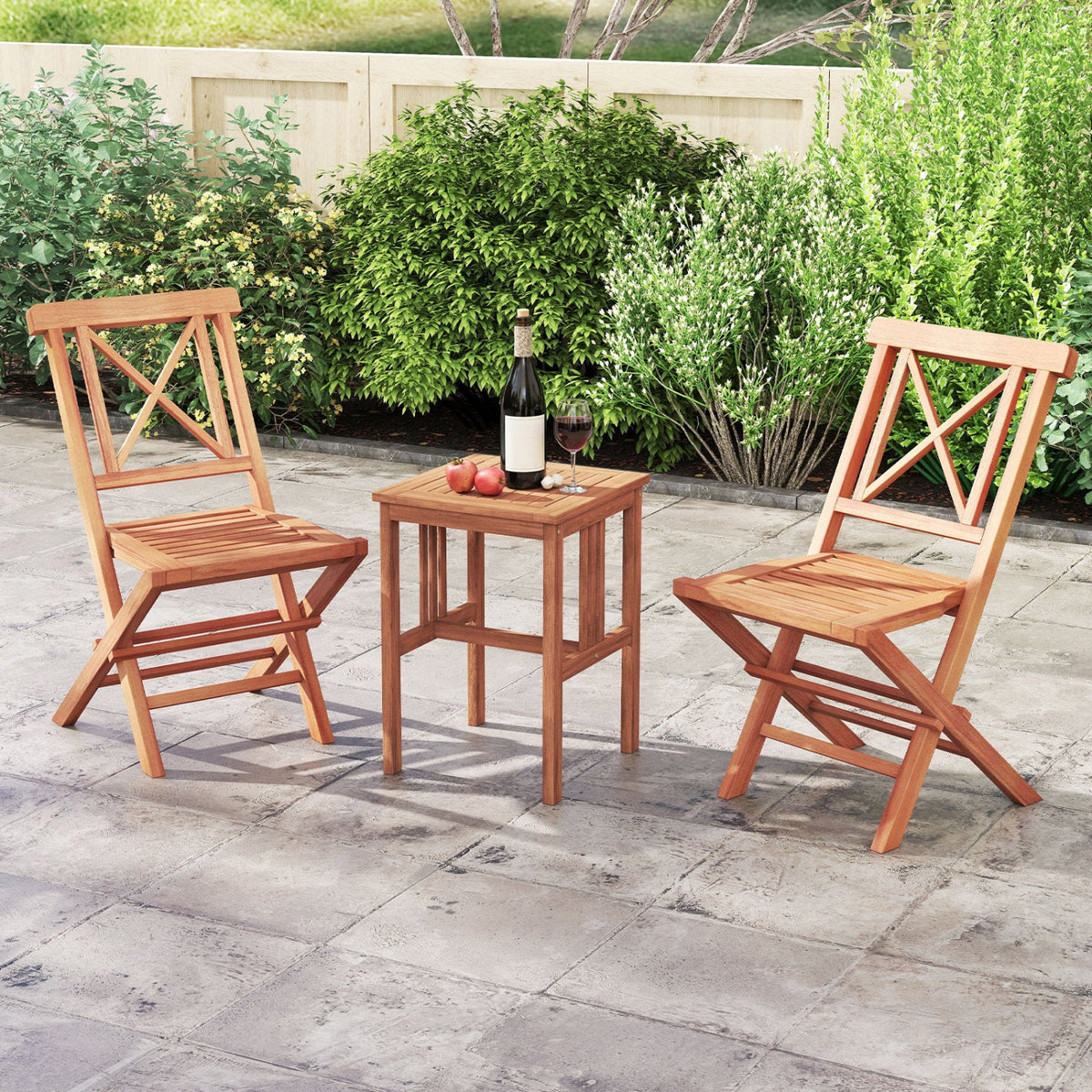 Teak wood folding patio dining chairs set of 2 by DirectDeals with small table on patio on Tampa Home & Garden Store