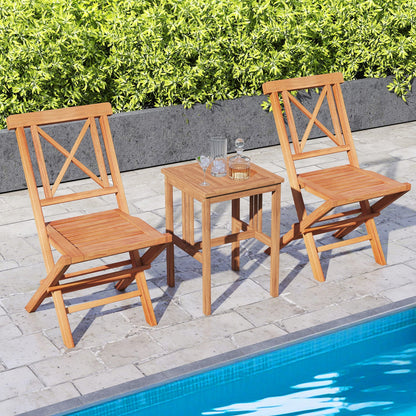 Teak wood folding patio dining chairs set of 2 with table on a stone patio by a pool on Tampa Home & Garden Store