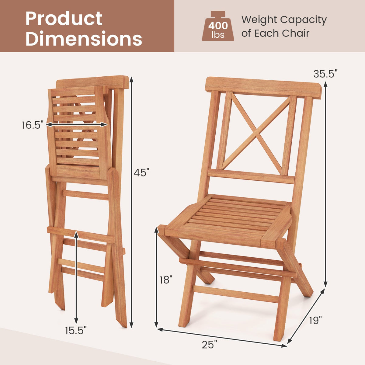 Teak wood folding patio chairs set of 2, natural finish, slatted seats, 400 lb cap DirectDeals on Tampa Home & Garden Store