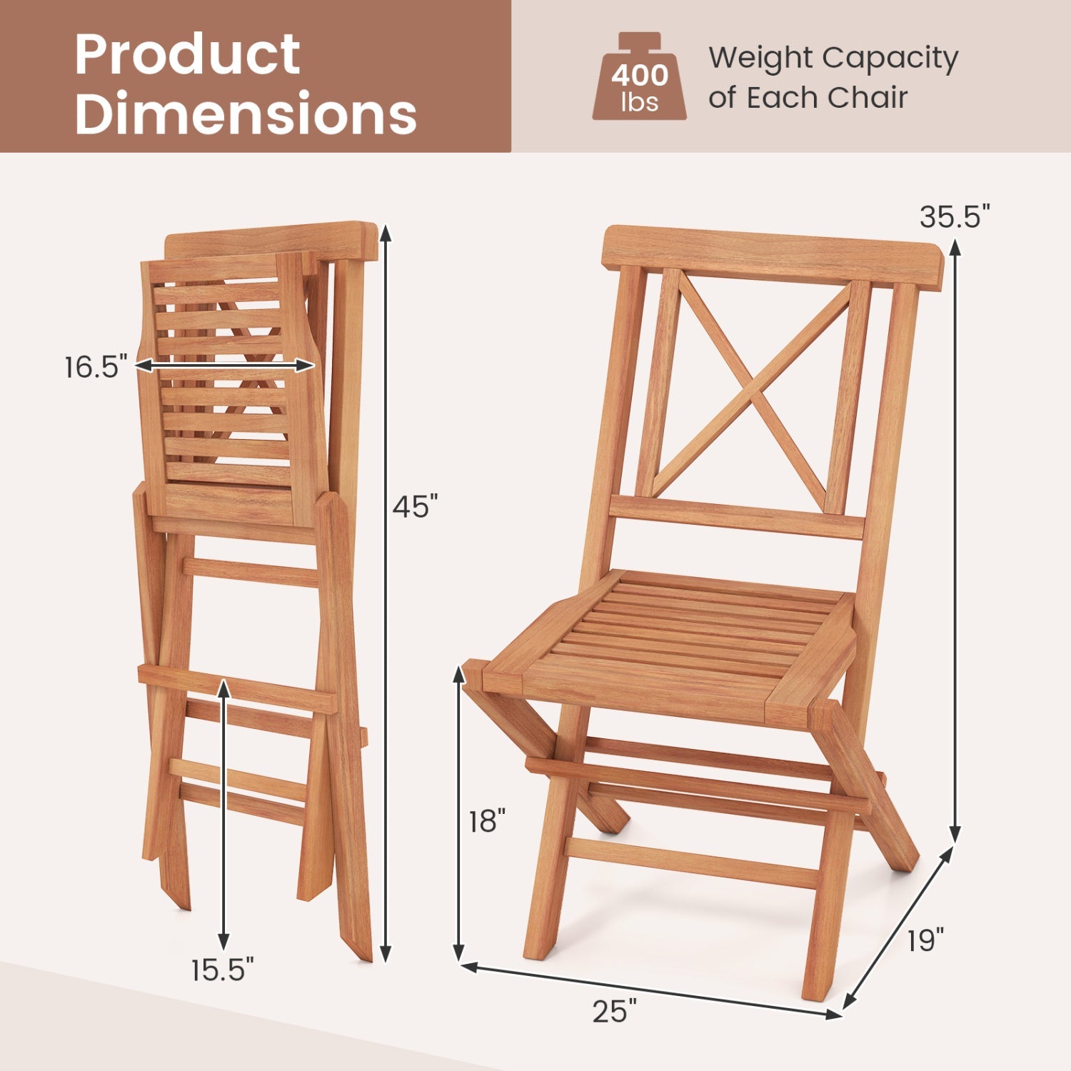 Teak wood folding patio chairs set of 2, natural finish, slatted seats, 400 lb cap DirectDeals on Tampa Home & Garden Store