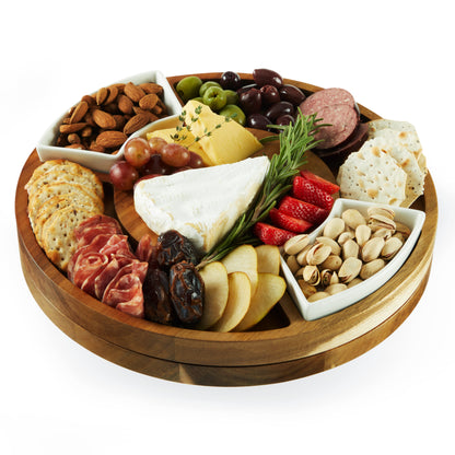 Acacia Rotating Charcuterie Board and Ceramic Dishes