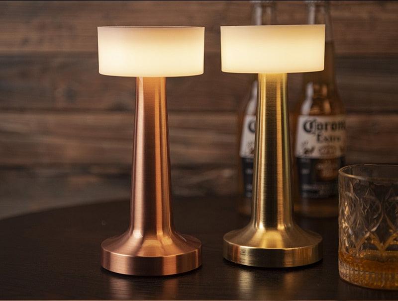 Stevvex USB dimming bar desk lamp set, two copper rose gold and brass lamps with white shades on Tampa Home & Garden Store