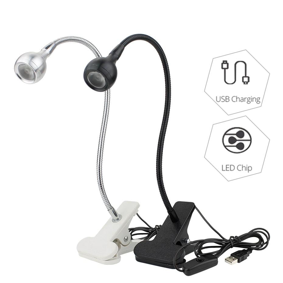Stevvex USB LED desk lamps with clips, two flexible goosenecks in silver and black with USB charging cable on Tampa Home & Garden Store