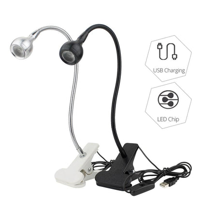 Stevvex USB LED desk lamps with clips, two flexible goosenecks in silver and black with USB charging cable on Tampa Home & Garden Store